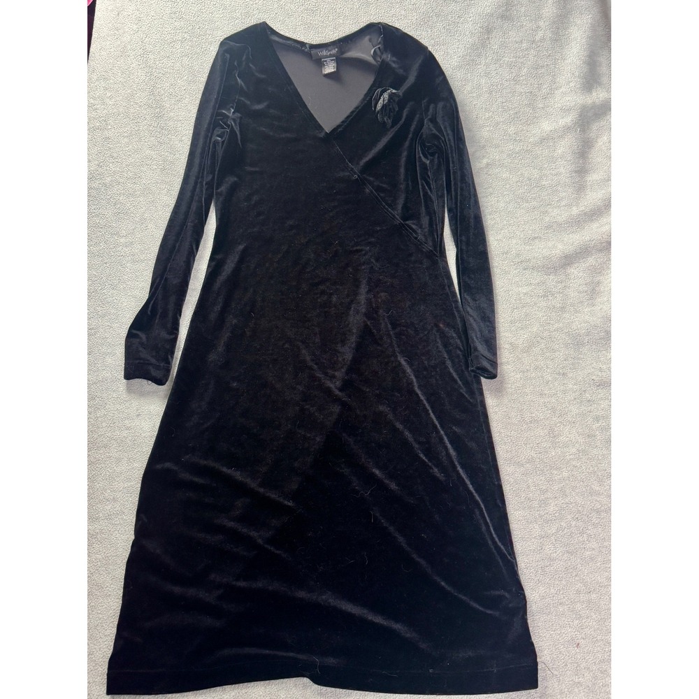Willi Smith Black Velvet Long Sleeve Wrap V-Neck Rosette Midi Dress W92746MVF4 M